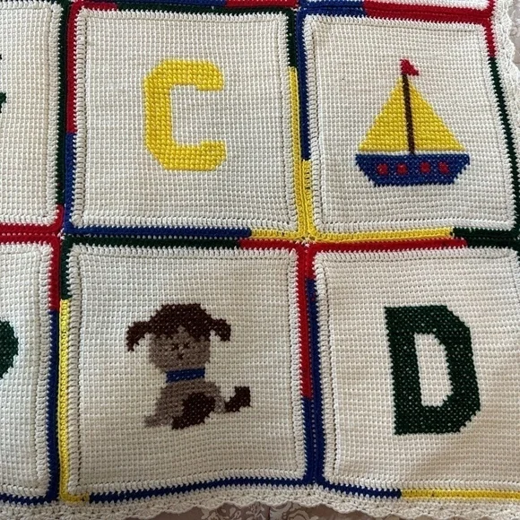 HANDMADE Crochet Knit AFGHAN Couch Lap Quilt THROW BLANKET Quilted Squares Kids